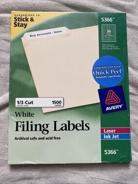 NEW Avery White Filing Labels #5366 -1.5 Boxes -47 Sheets 30 Labels per Sheet
